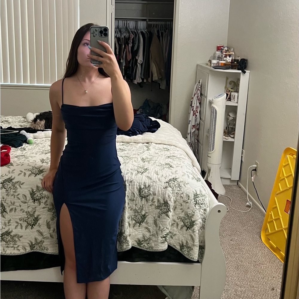 Semi-formal Navy Blue Spaghetti Strap Dress